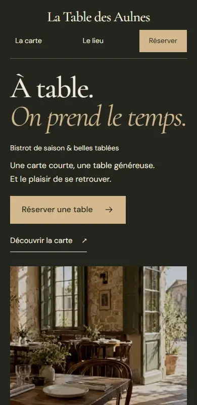 Le même site La Table des Aulnes, adapté au mobile