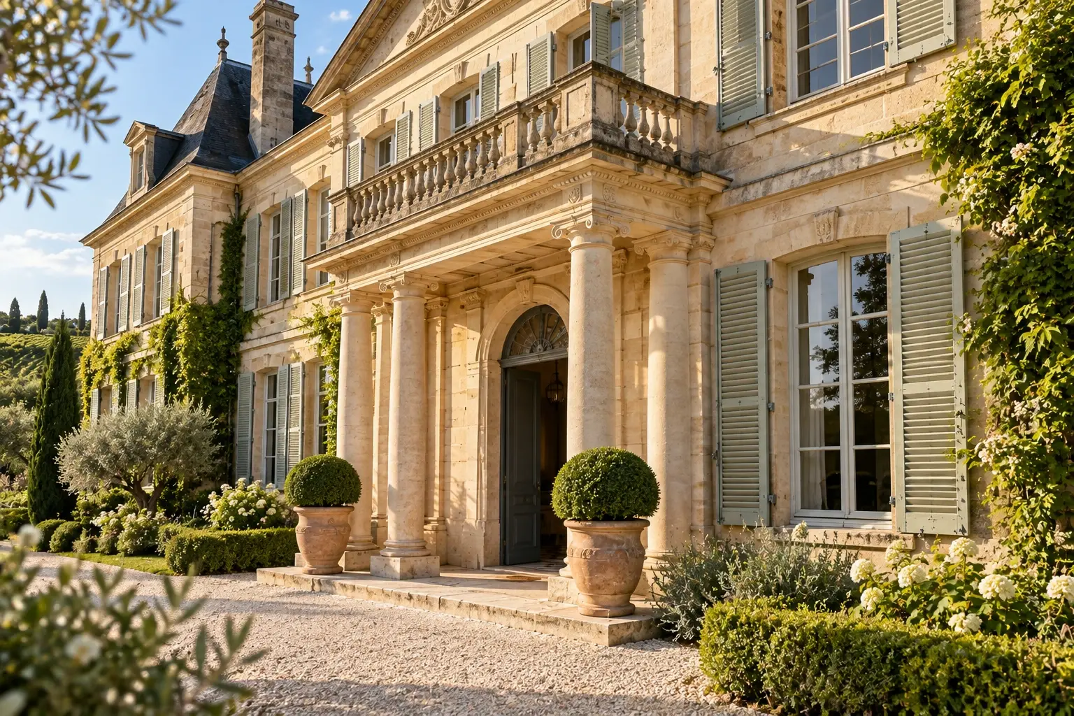 Détail du même château fictif : entrée de pierre au soleil, balcon et volets gris-vert