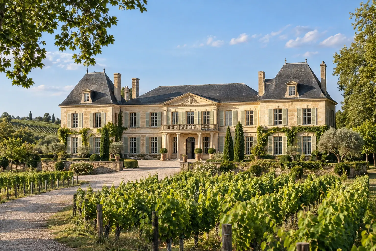 Château fictif de pierre lumineuse entre ciel bleu et vignes, inspiré du Bordelais