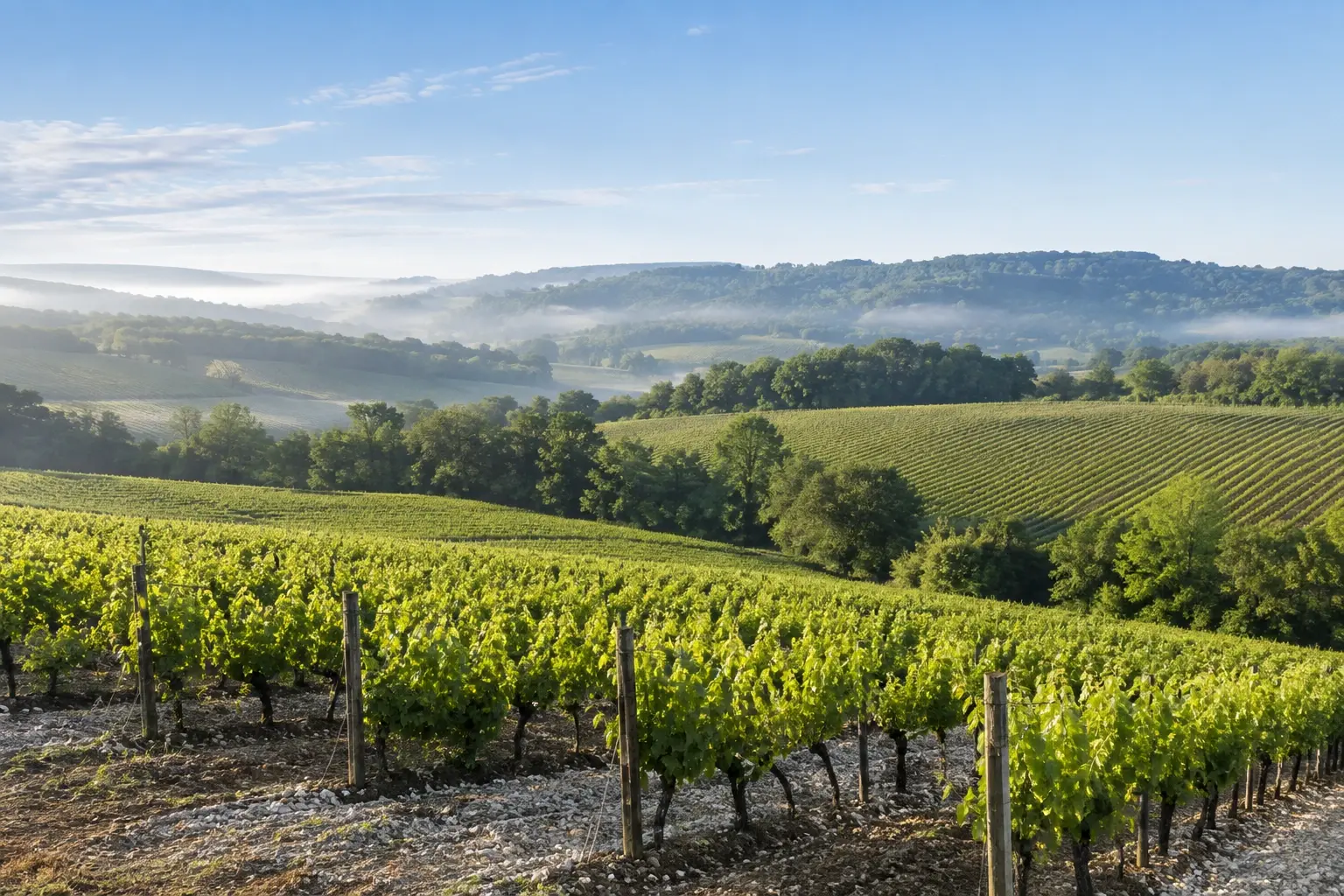 Paysage de vignes vallonnées au matin, illustration du terroir imaginaire
