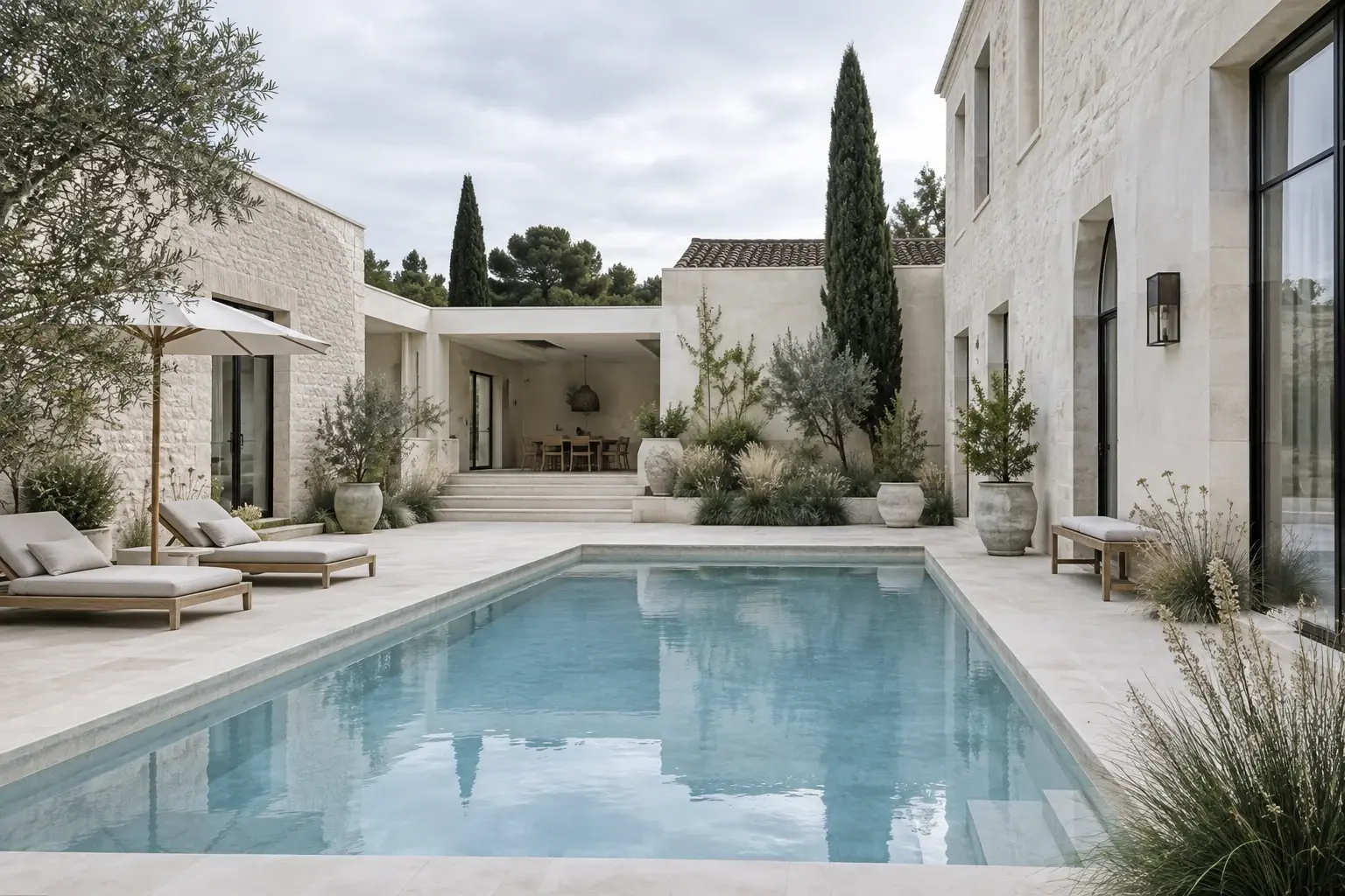 Cour contemporaine en pierre claire, lignes épurées et piscine sous la lumière du jour