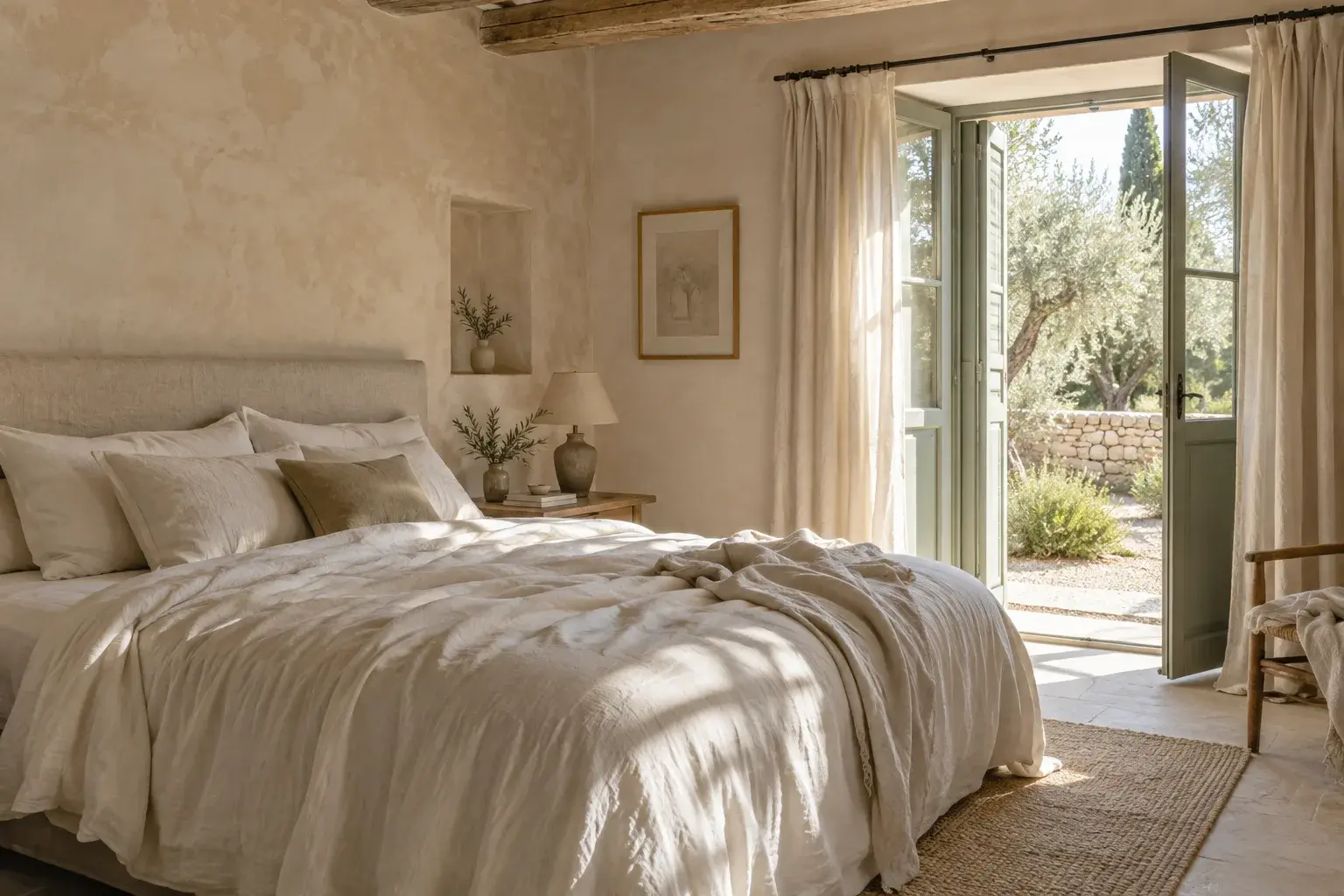 Chambre lumineuse, linge naturel, bois clair et ouverture sur le jardin