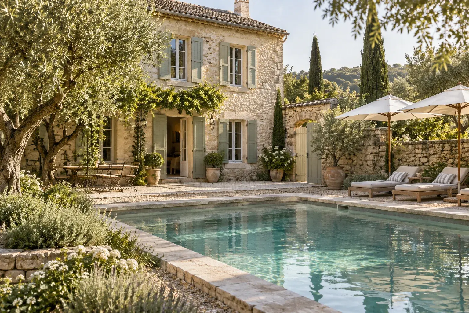 Maison de pierre et piscine entourée d’oliviers, une inspiration pour la vie au jardin