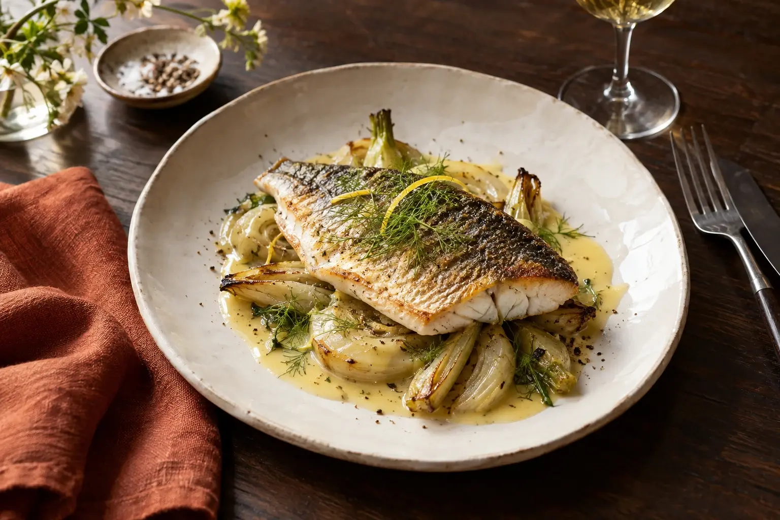 Poisson rôti et légumes de saison, servis sur une table de bistrot