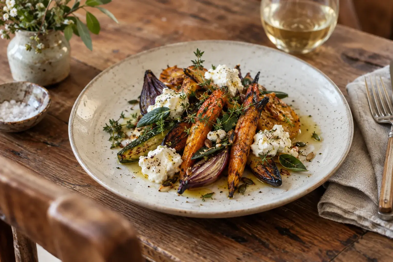 Légumes rôtis, fromage frais et herbes dressés sur une assiette en céramique