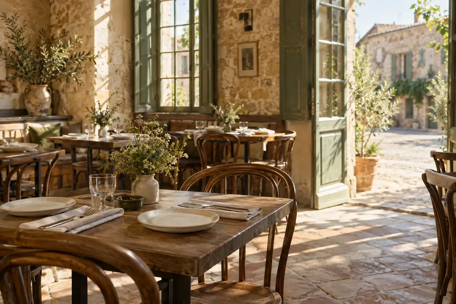 Tables en bois, banquettes et lumière douce dans une salle de bistrot en pierre